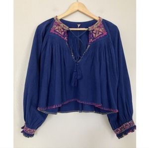 Free People Blue Depth Cropped Blouse Embroidered small